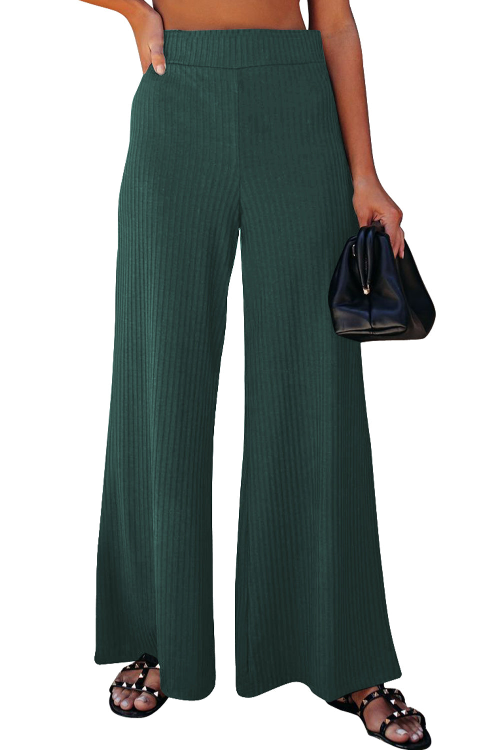 Casual Ribbed Knit High Rise Wide Leg Pants