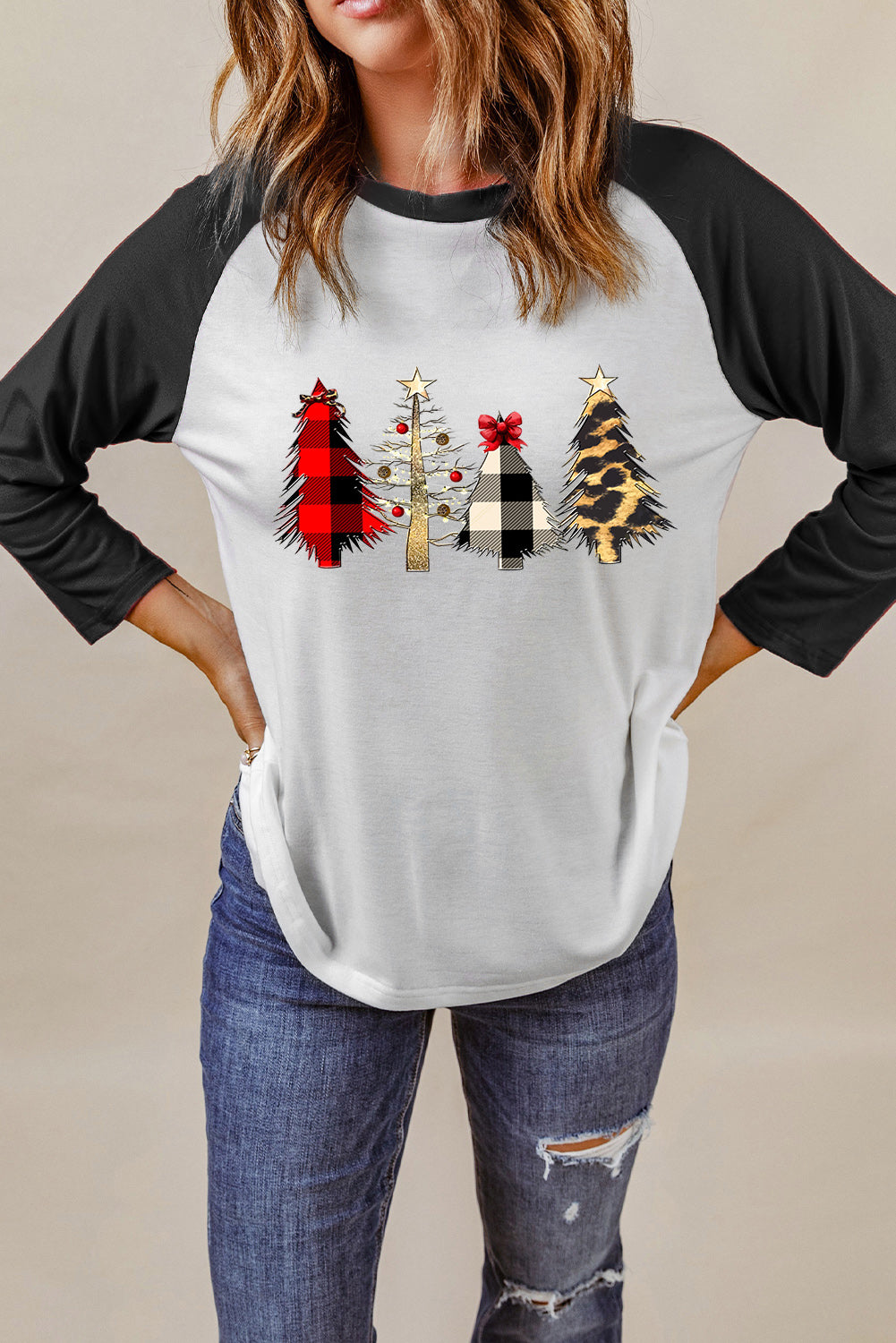 and White Color Block Long Sleeve Christmas T Shirt