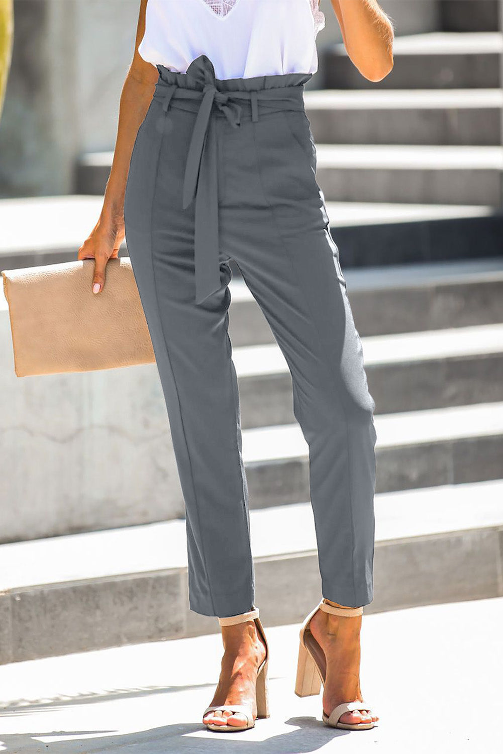 Casual Paperbag Waist Belted Straight Leg Pants