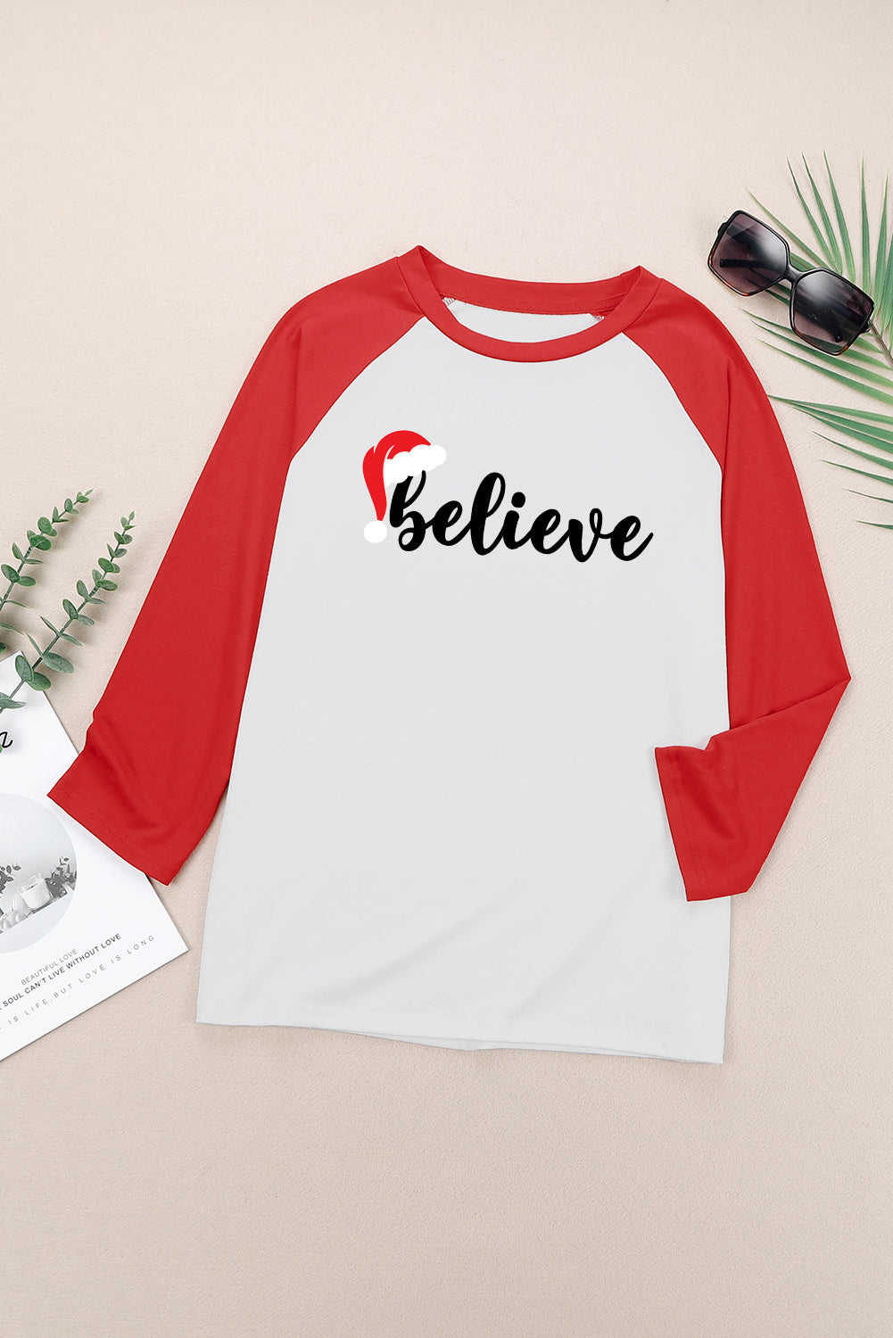 and White Color Block Long Sleeve Christmas T Shirt