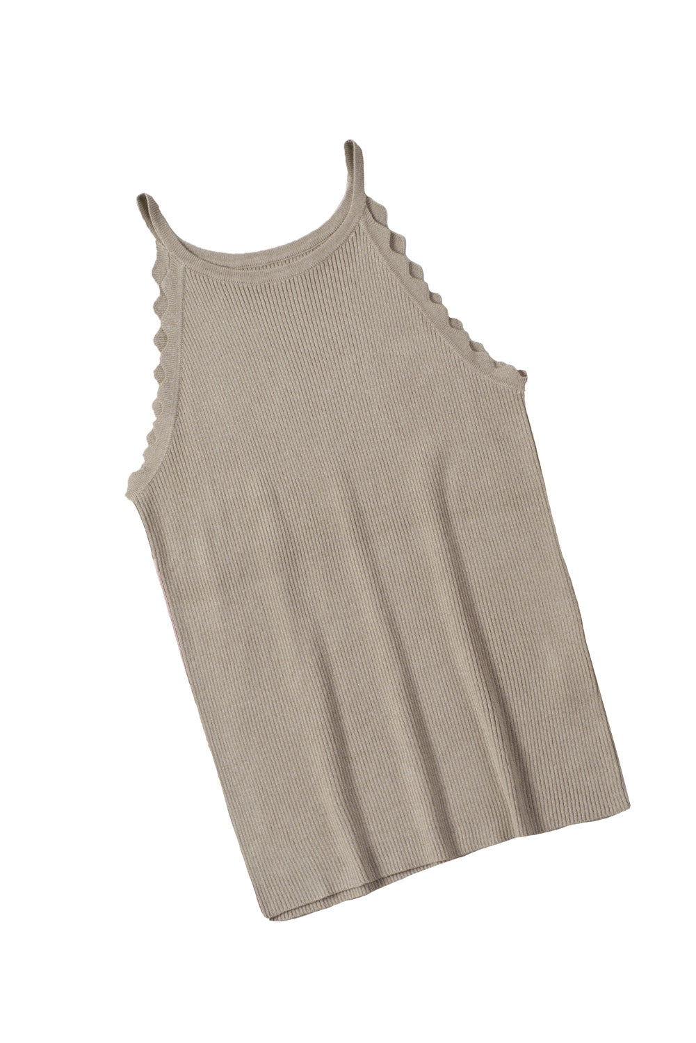 Khaki Casual Scalloped Edge Rib Knit Sleeveless Tank Top