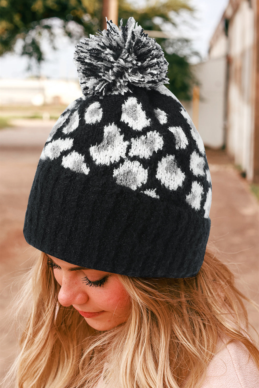 Leopard Print Pom Jacquard Plush Hat