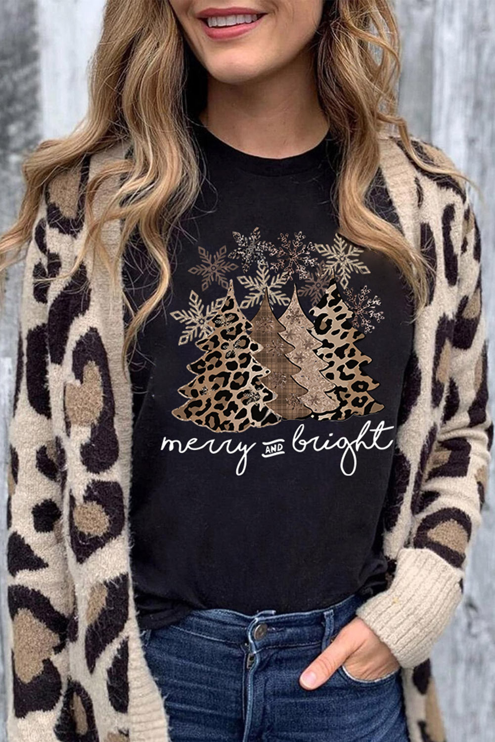 Leopard Christmas Tree Crew Neck Graphic T Shirt