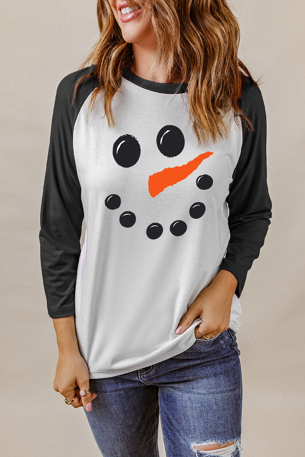 and White Color Block Long Sleeve Christmas T Shirt