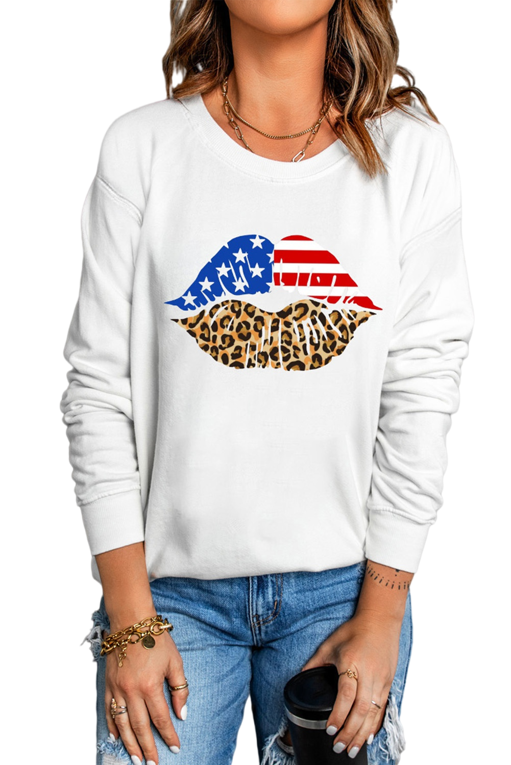 American Flag and Cheetah Print Lips Graphic Sweatshirt