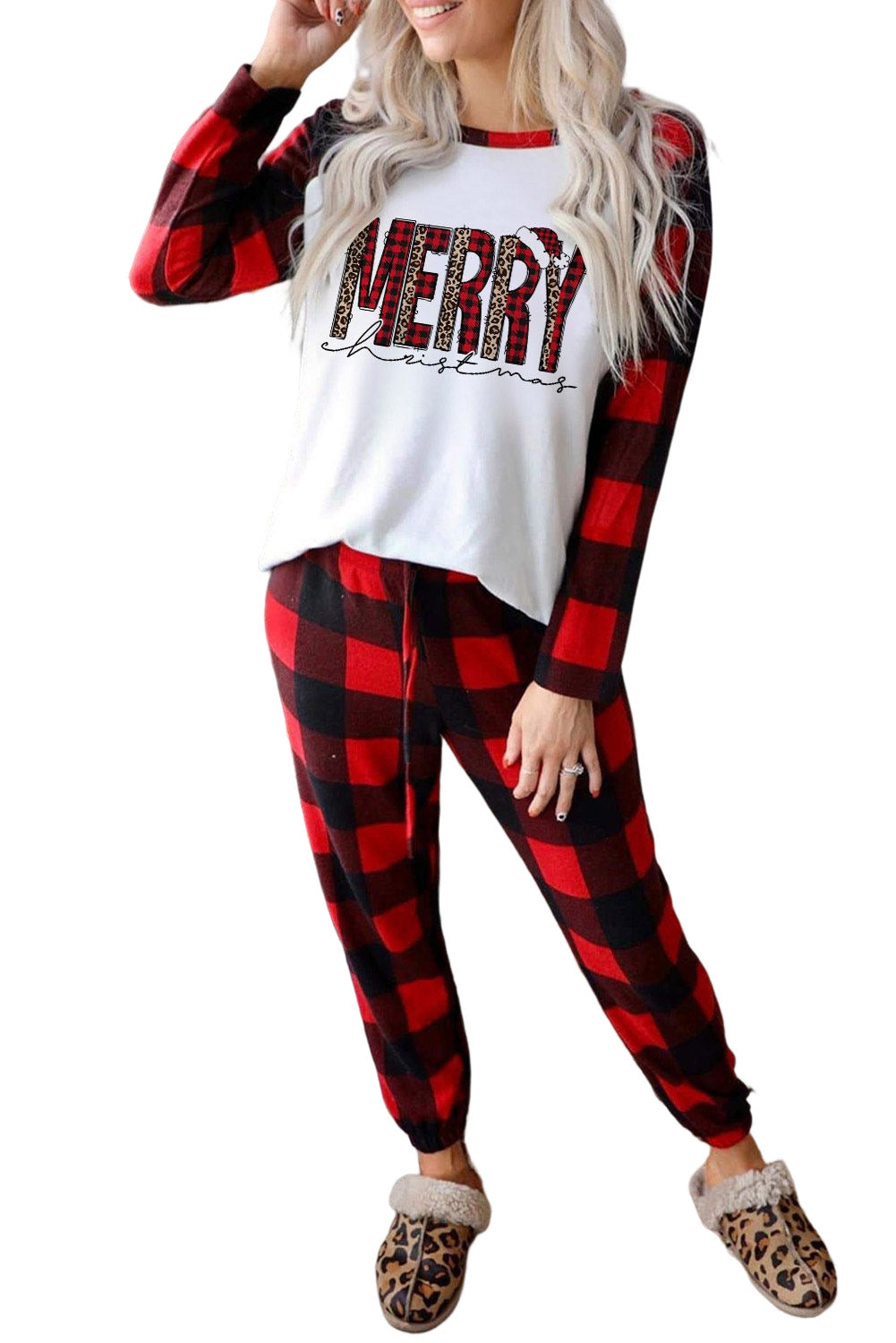 Christmas Plaid Raglan Sleeve Top & Drawstring Pants Pajamas Set