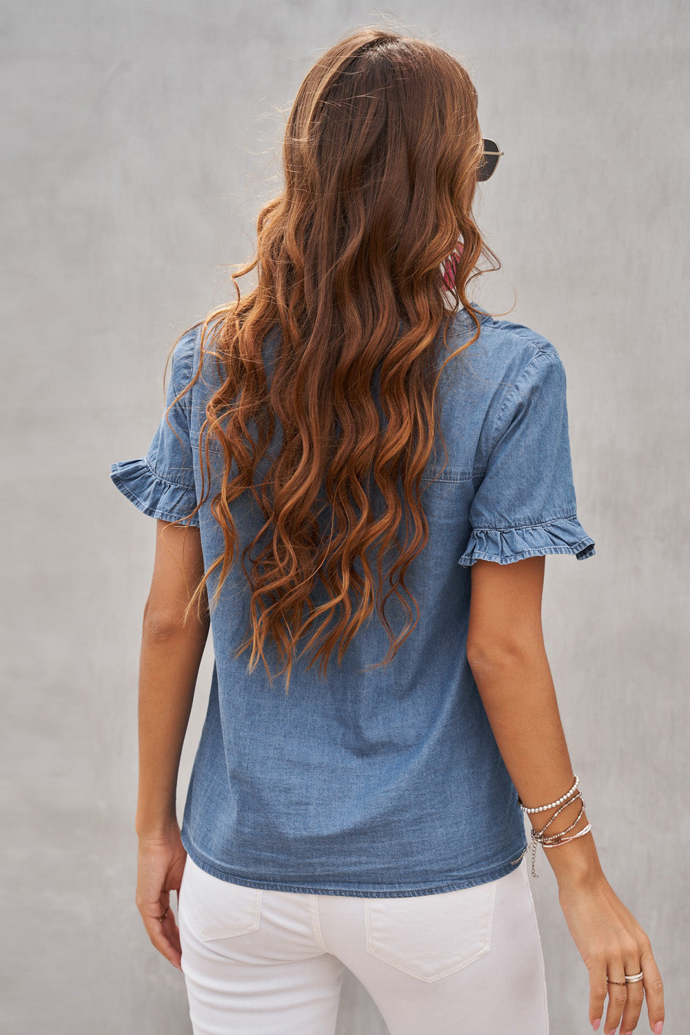 Denim Blue Ruffle Short Sleeve Shirt Mommy & Me Outfit