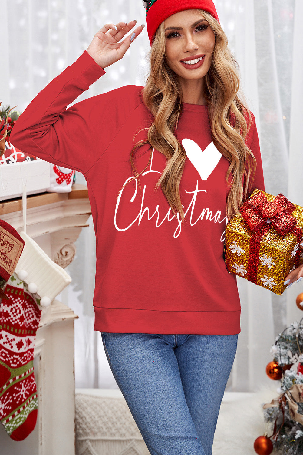 I Love Christmas Casual Raglan Sleeve Red Graphic Sweatshirt