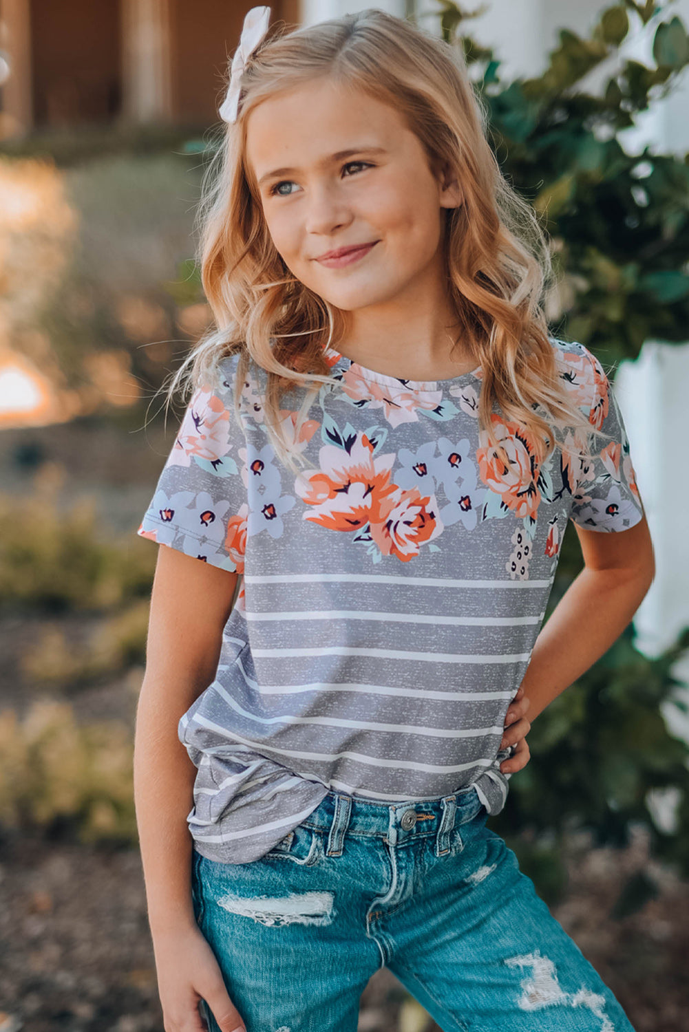 Casual Floral Striped Print Round Neck Tee For Kids