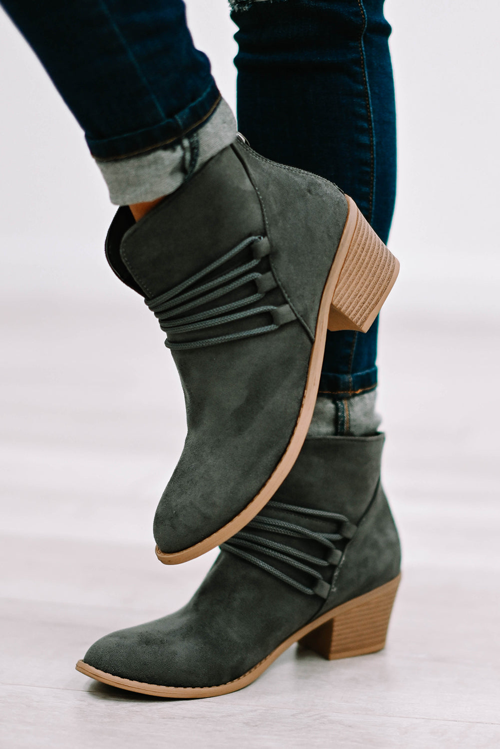 Grey Braided Straps Detail Zipped Boots