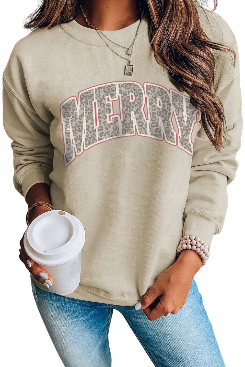 Khaki Merry Christmas Leopard Letter Print Graphic Sweatshirt