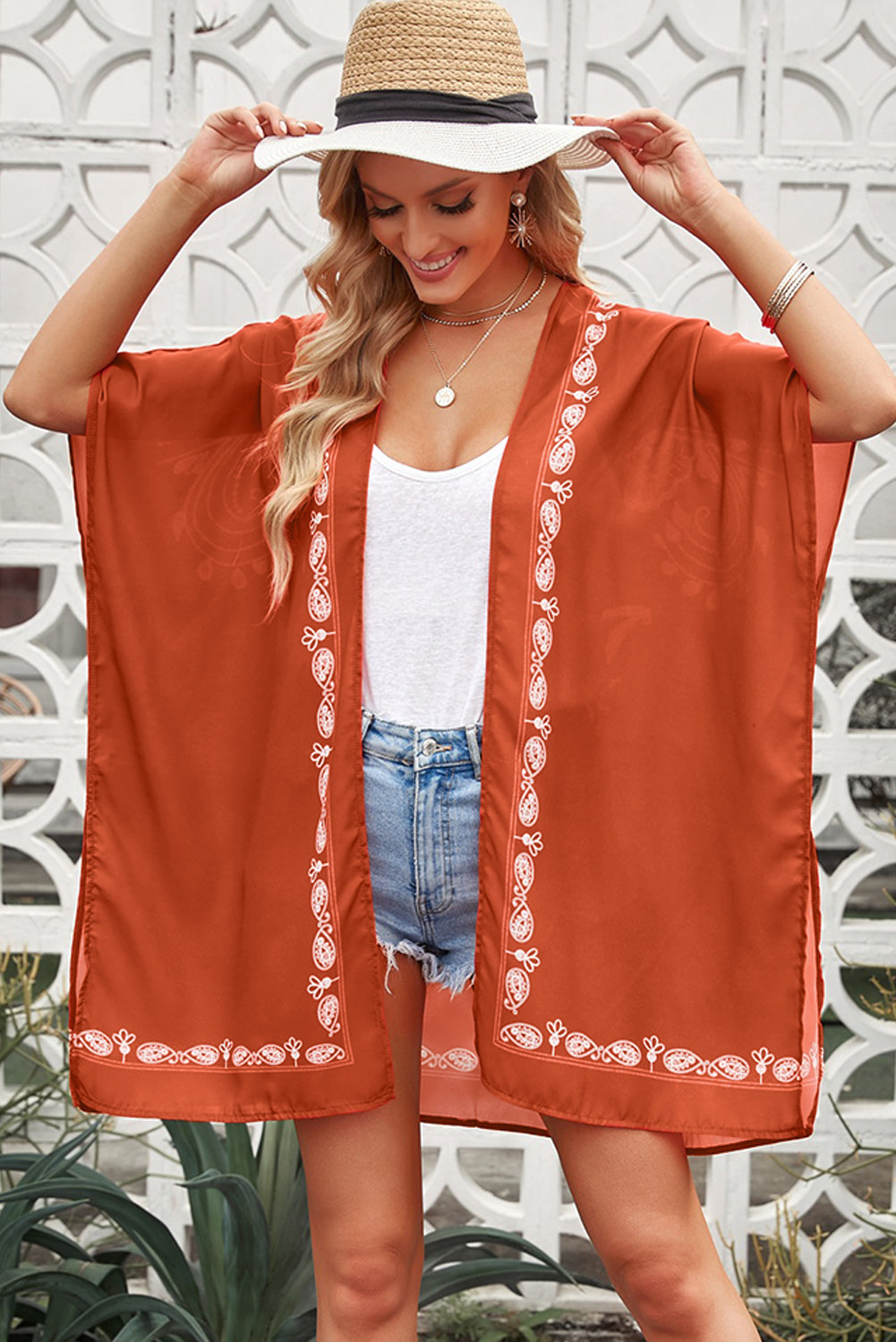 Bohemian Floral Pattern Embroidery Kimono Cover Up