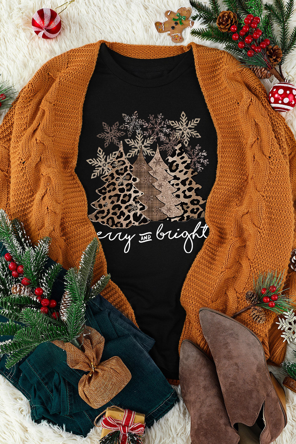 Leopard Christmas Tree Crew Neck Graphic T Shirt