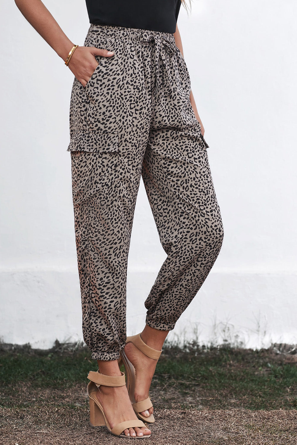 Grey Chic Leopard Print Elastic Waist Drawstring Joggers