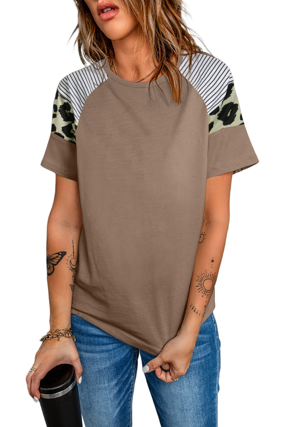 Khaki Striped Leopard Print Short Sleeve Women T-shirt