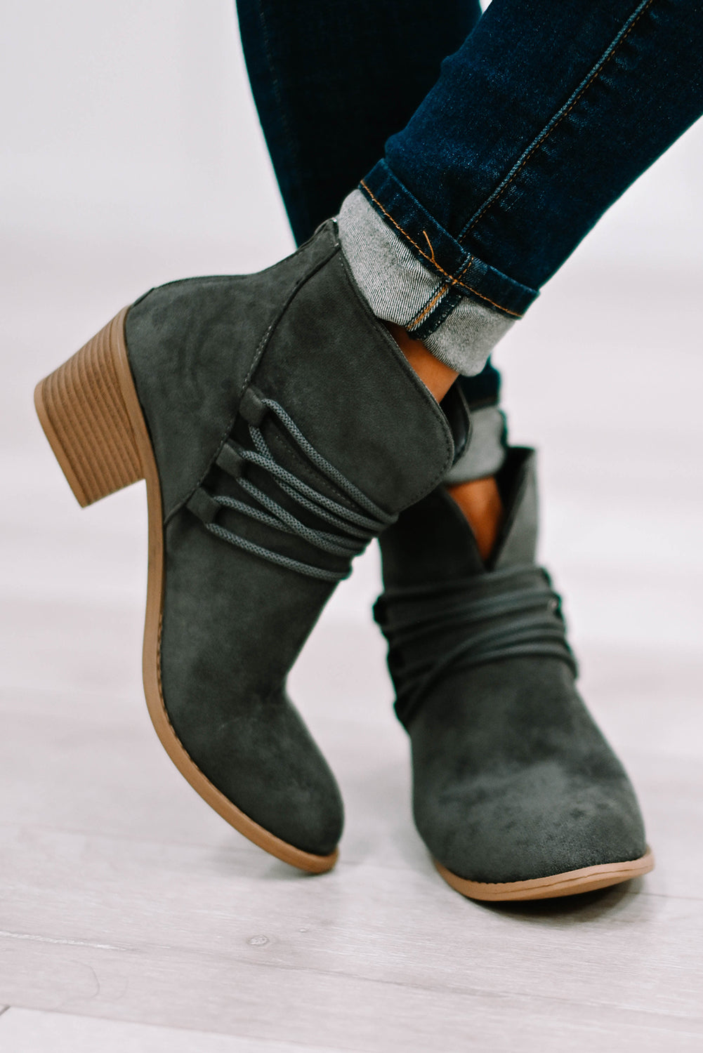 Grey Braided Straps Detail Zipped Boots