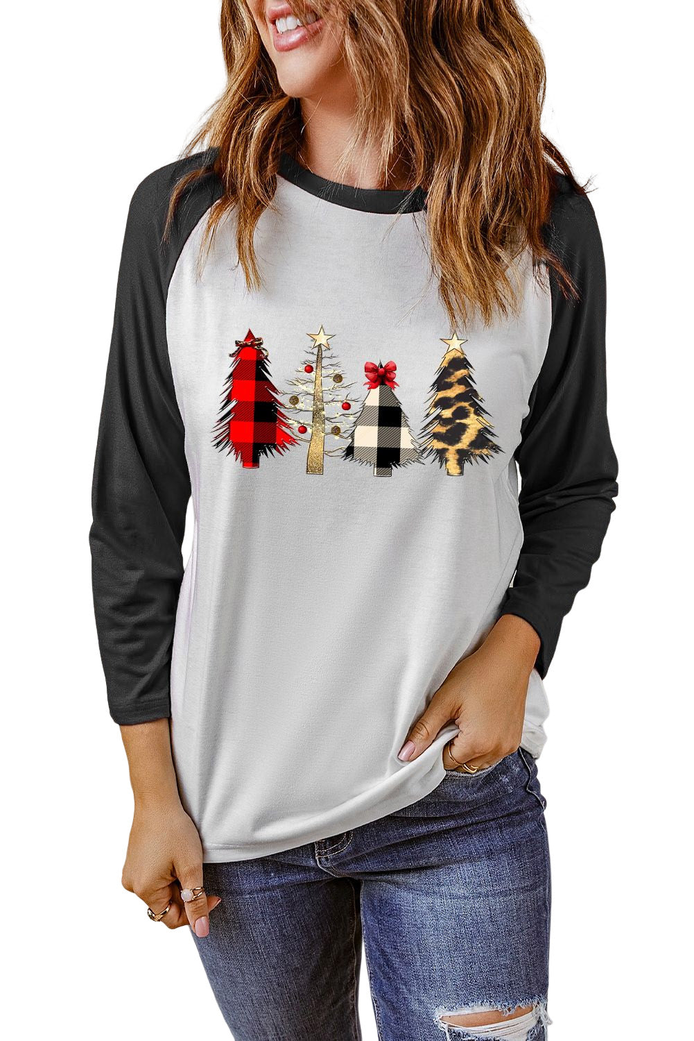 and White Color Block Long Sleeve Christmas T Shirt