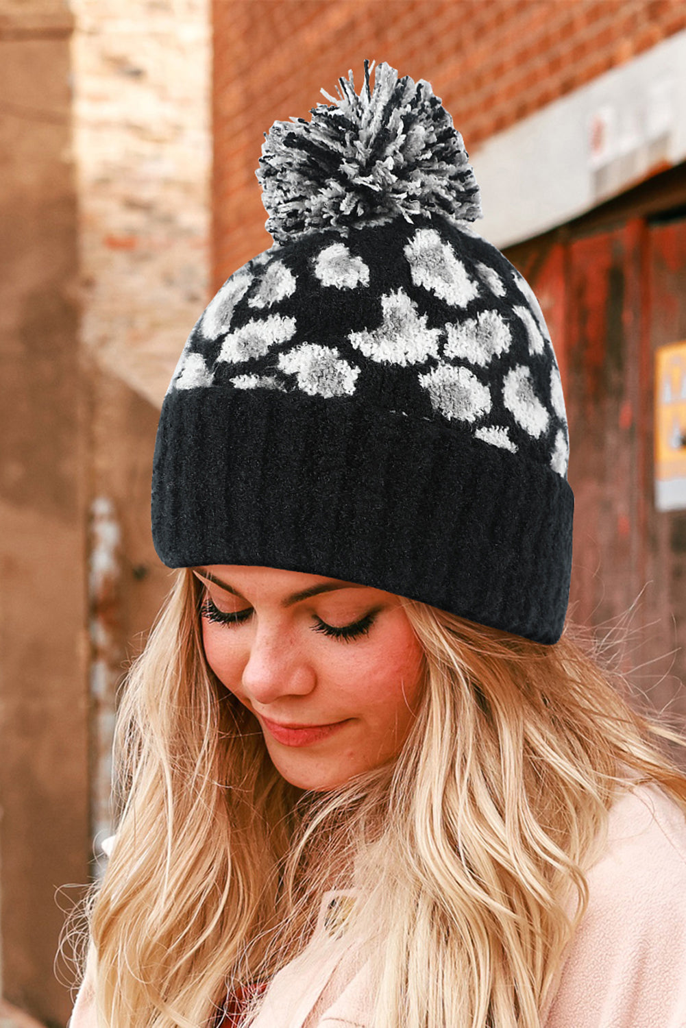 Leopard Print Pom Jacquard Plush Hat