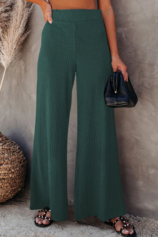 Casual Ribbed Knit High Rise Wide Leg Pants