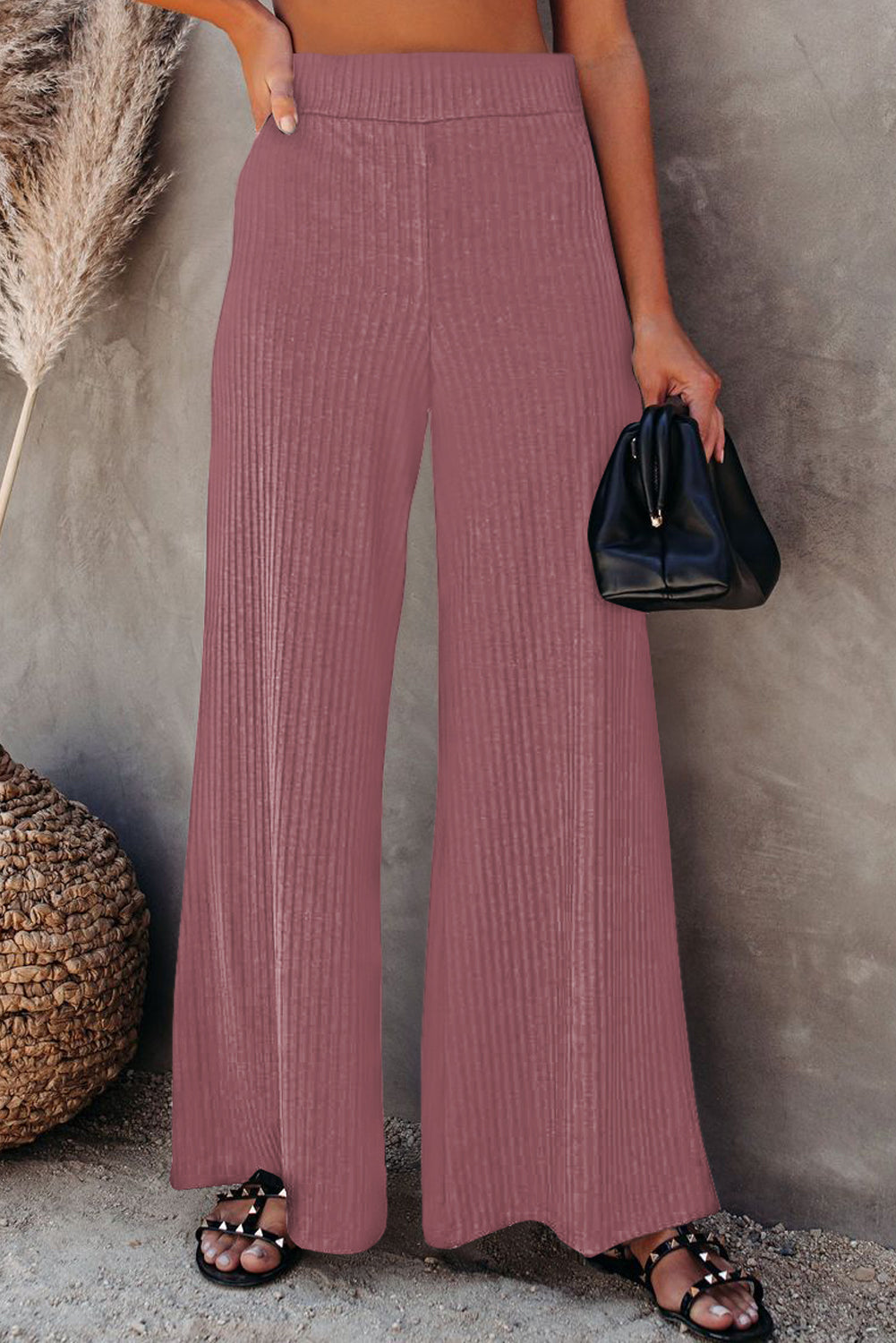 Casual Ribbed Knit High Rise Wide Leg Pants