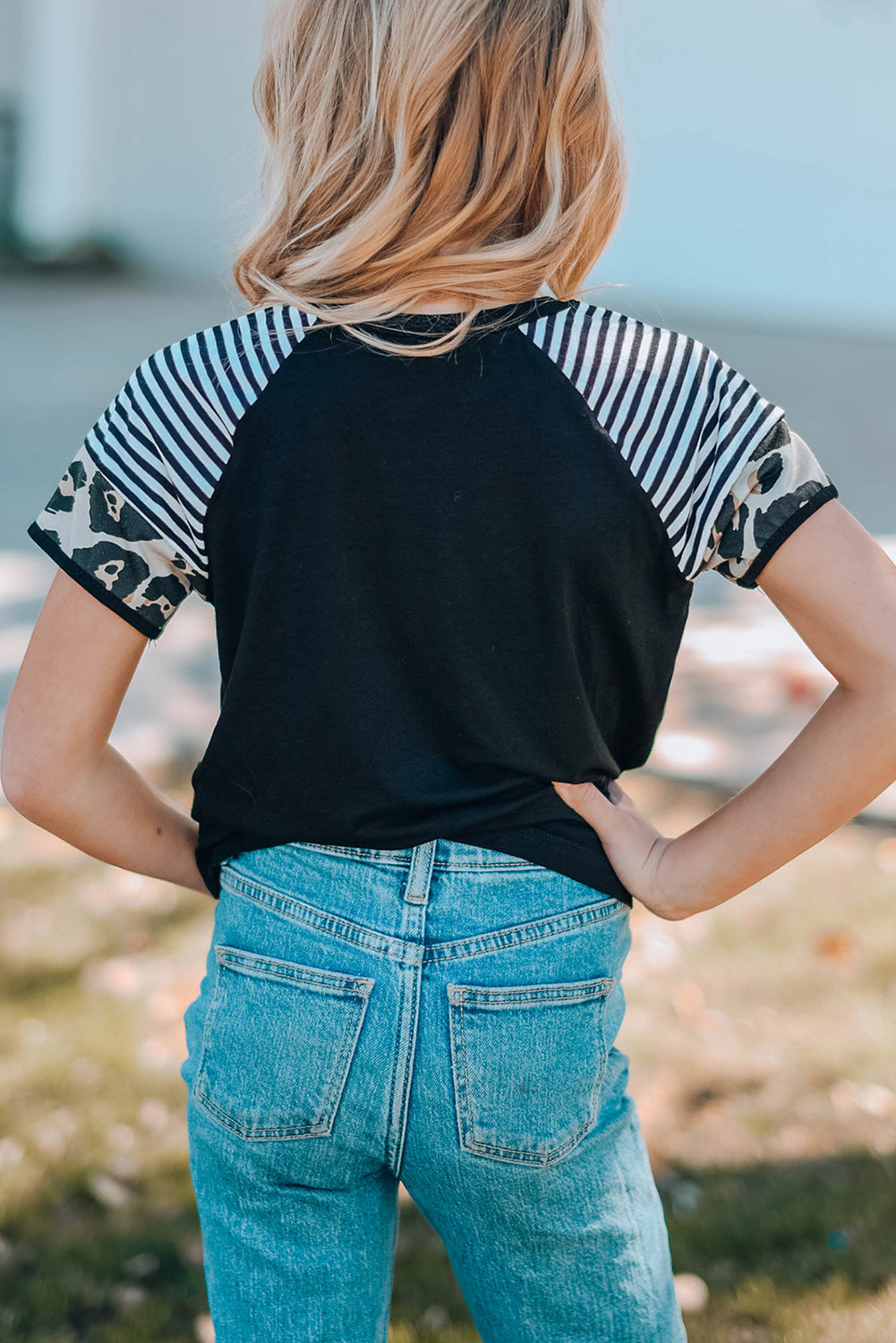 Khaki Striped Leopard Print Short Sleeve Women T-shirt