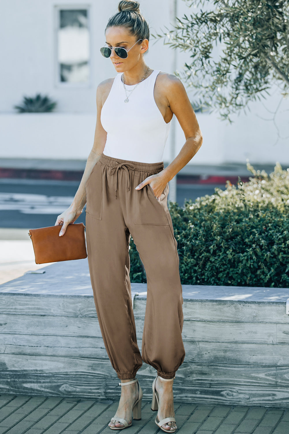 Drawstring Elastic Waist Pull-on Pants With Pockets