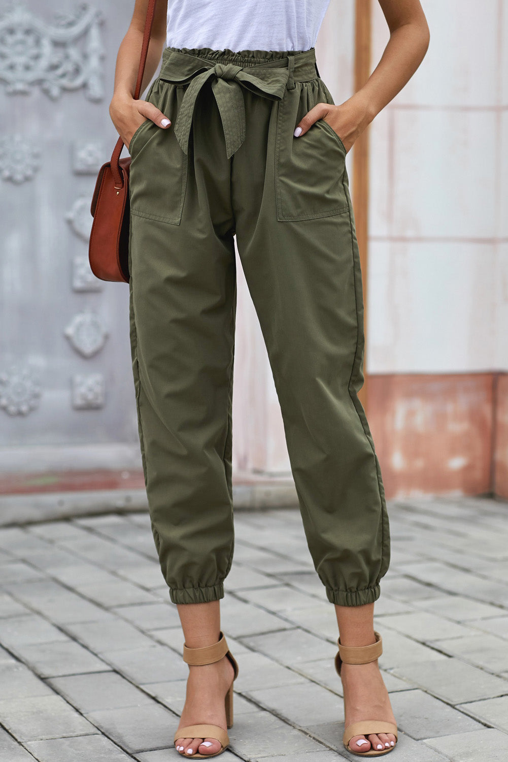 Solid Color Frock-style Pants with Belt