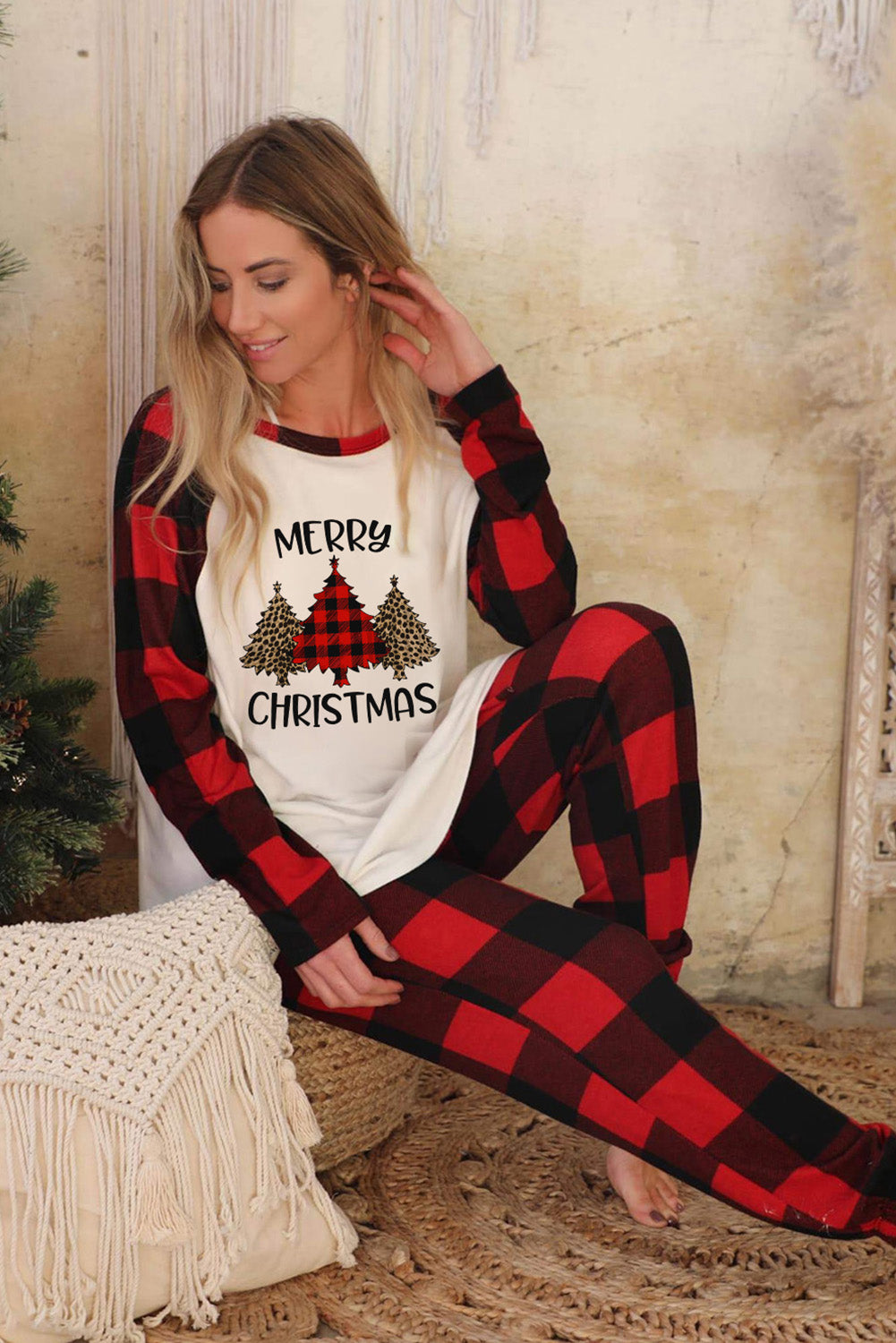 Christmas Plaid Raglan Sleeve Top & Drawstring Pants Pajamas Set