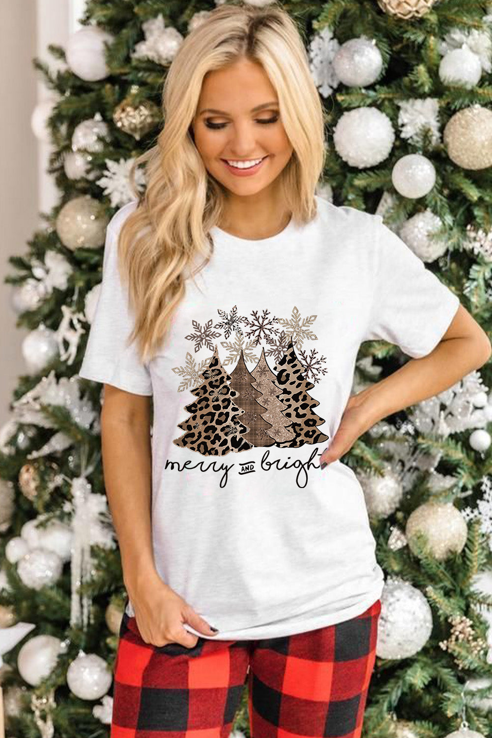 Leopard Christmas Tree Crew Neck Graphic T Shirt