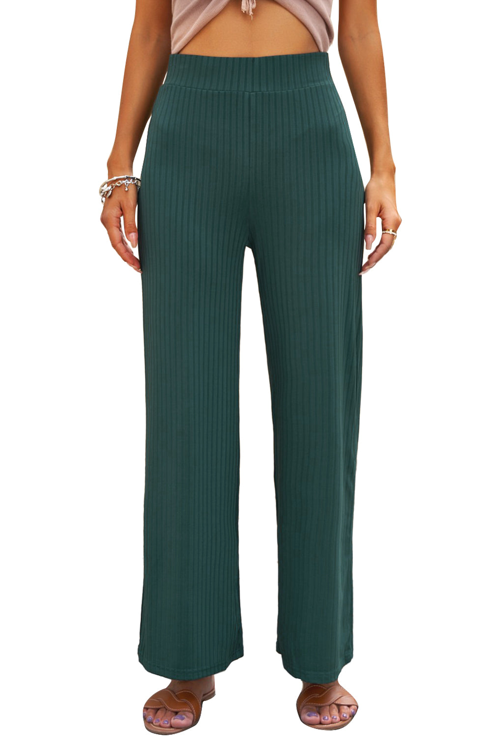 Casual Ribbed Knit High Rise Wide Leg Pants