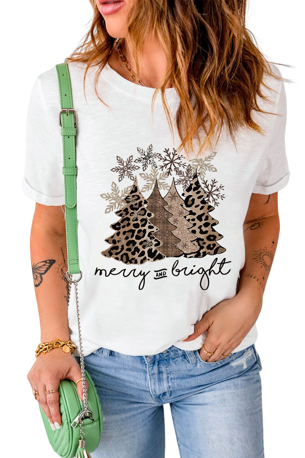 Leopard Christmas Tree Crew Neck Graphic T Shirt