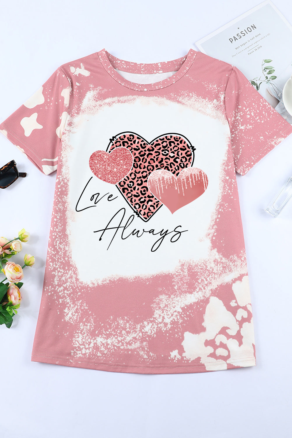 Love Always Heart Leopard Bleached Graphic T Shirt