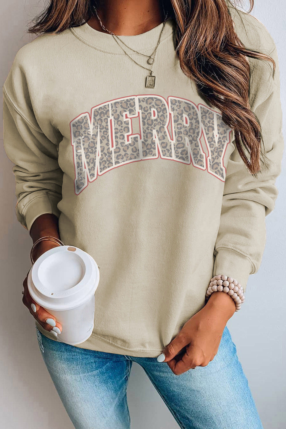 Khaki Merry Christmas Leopard Letter Print Graphic Sweatshirt