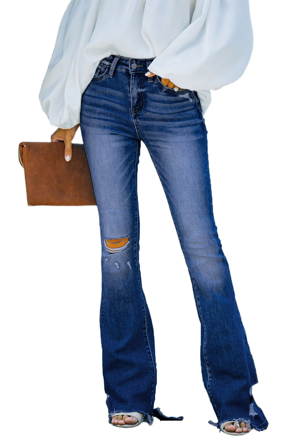 Light Blue Distressed High Rise Flare Jeans