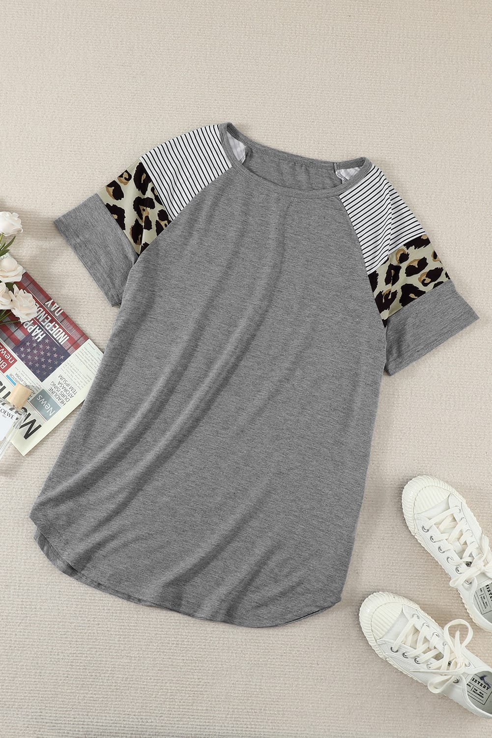 Khaki Striped Leopard Print Short Sleeve Women T-shirt