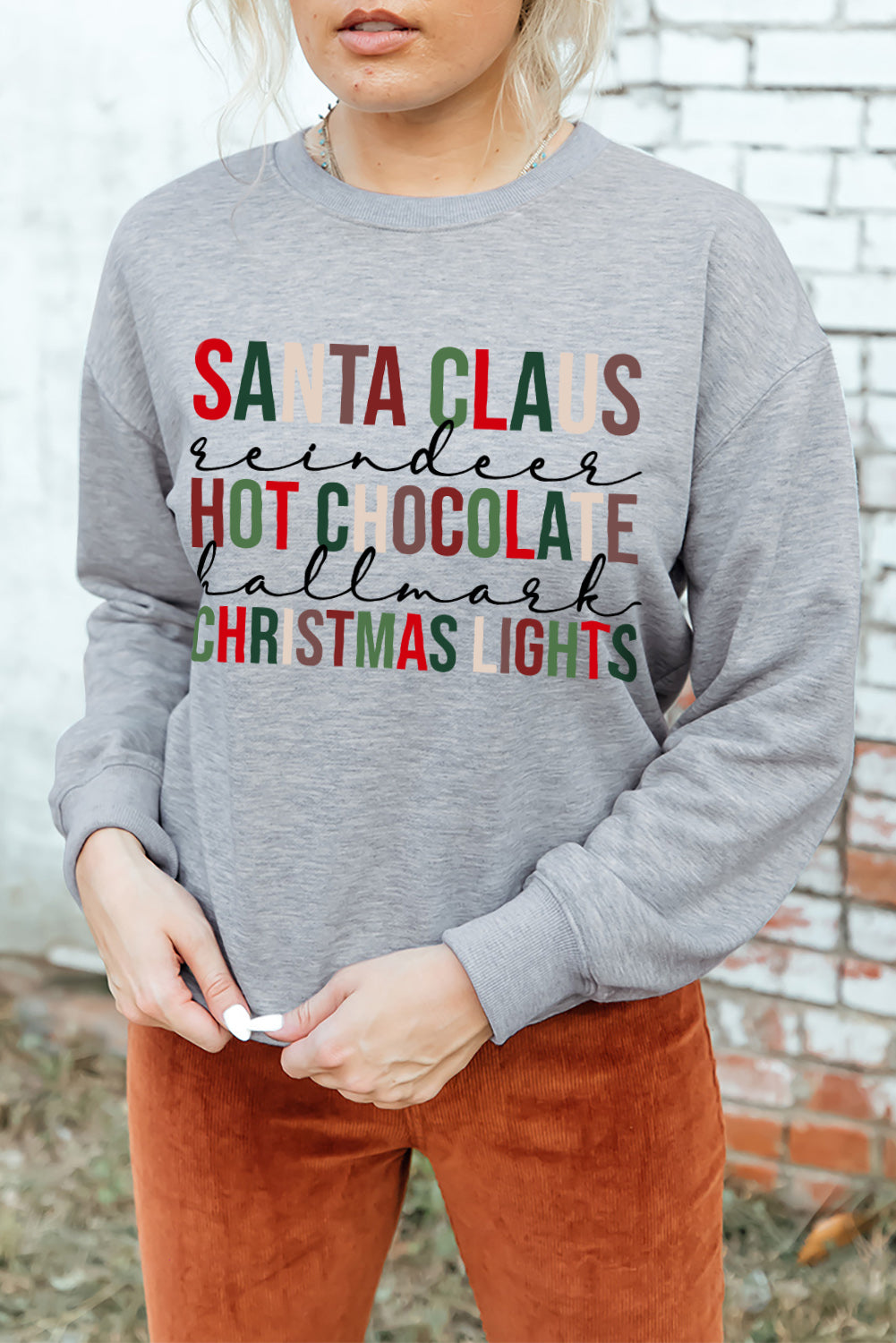 Grey Christmas Letter Crew Neck Graphic Pullover Sweatshirt