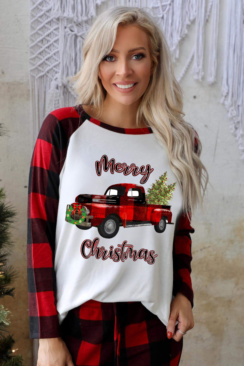 Christmas Plaid Raglan Sleeve Top & Drawstring Pants Pajamas Set