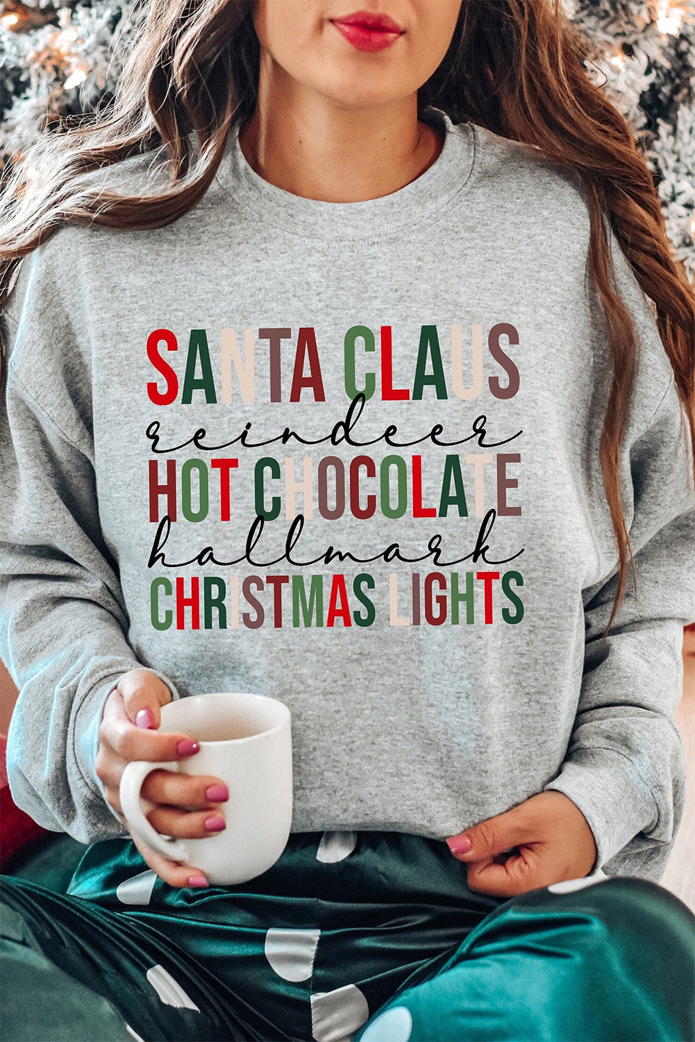 Grey Christmas Letter Crew Neck Graphic Pullover Sweatshirt