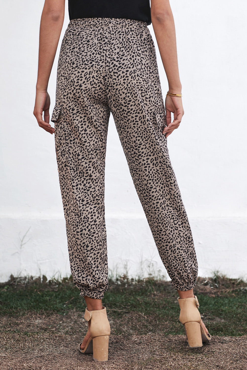 Grey Chic Leopard Print Elastic Waist Drawstring Joggers