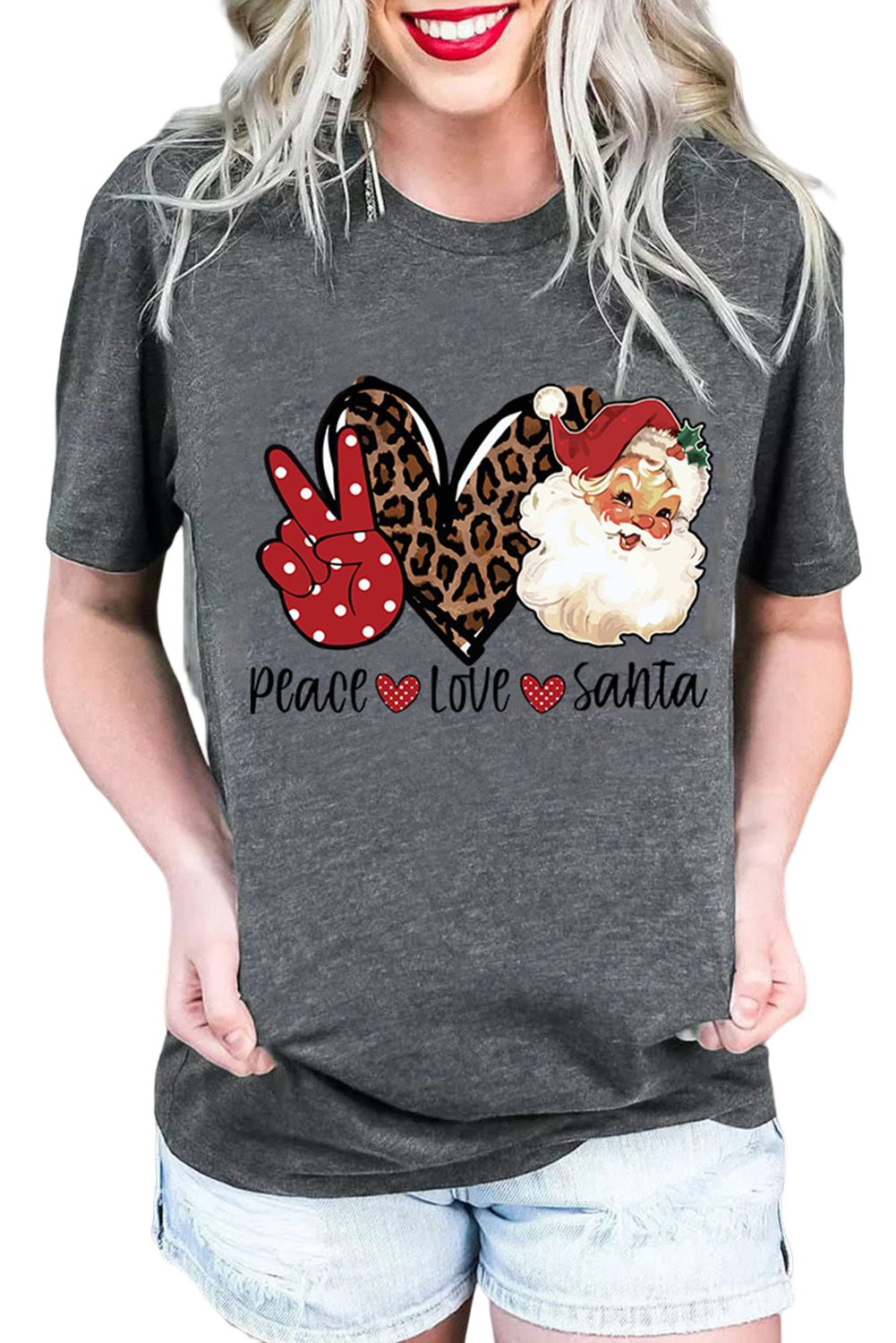 Grey Peace Love Santa Casual Christmas Graphic Tee