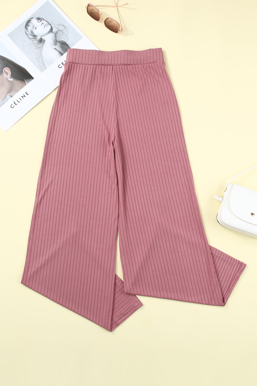 Casual Ribbed Knit High Rise Wide Leg Pants