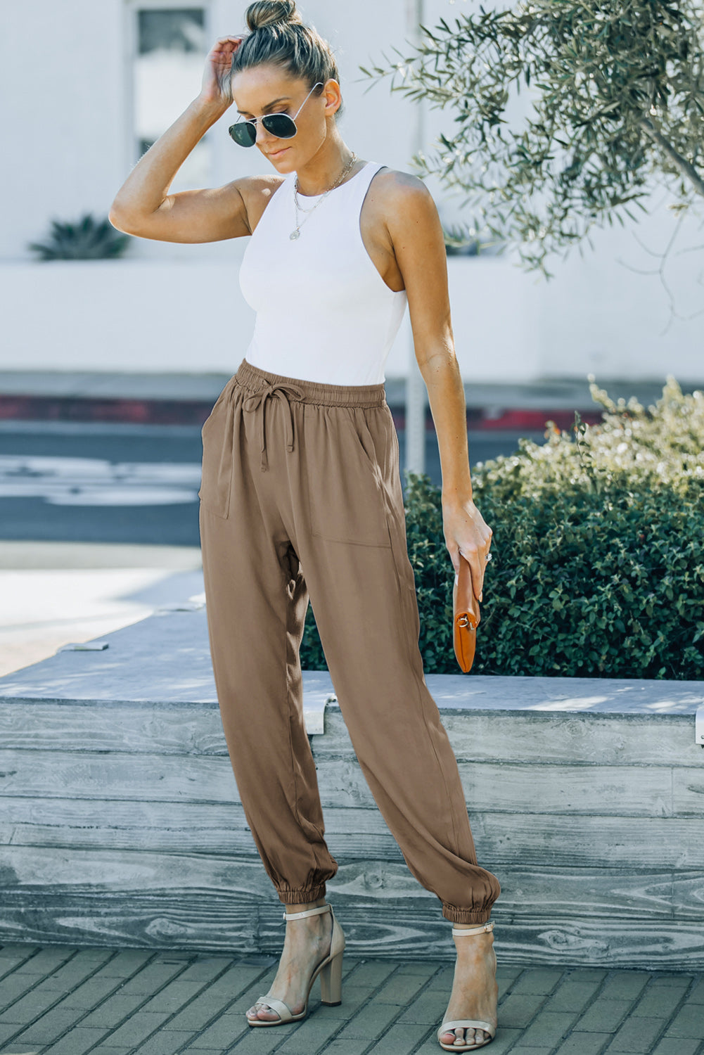 Drawstring Elastic Waist Pull-on Pants With Pockets