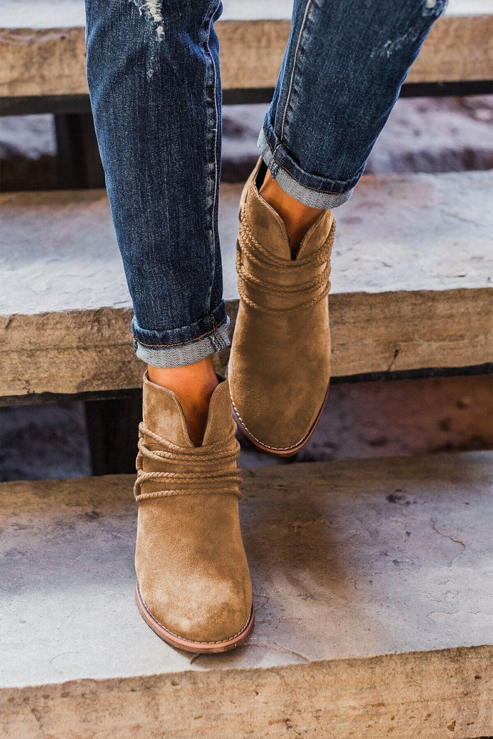 Grey Braided Straps Detail Zipped Boots