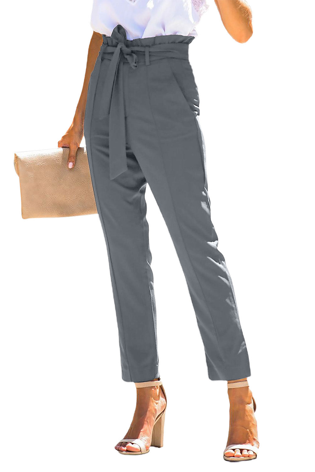 Casual Paperbag Waist Belted Straight Leg Pants