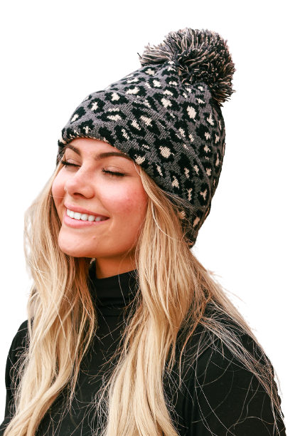 Leopard Pom Pom Casual Winter Knit Hat