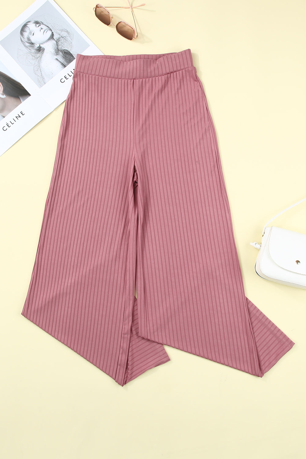 Casual Ribbed Knit High Rise Wide Leg Pants