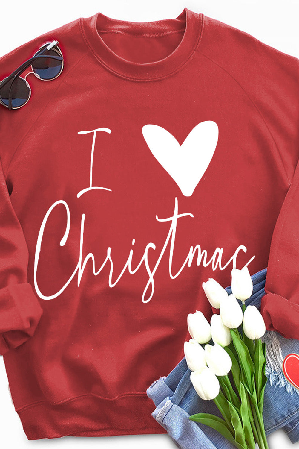 I Love Christmas Casual Raglan Sleeve Red Graphic Sweatshirt