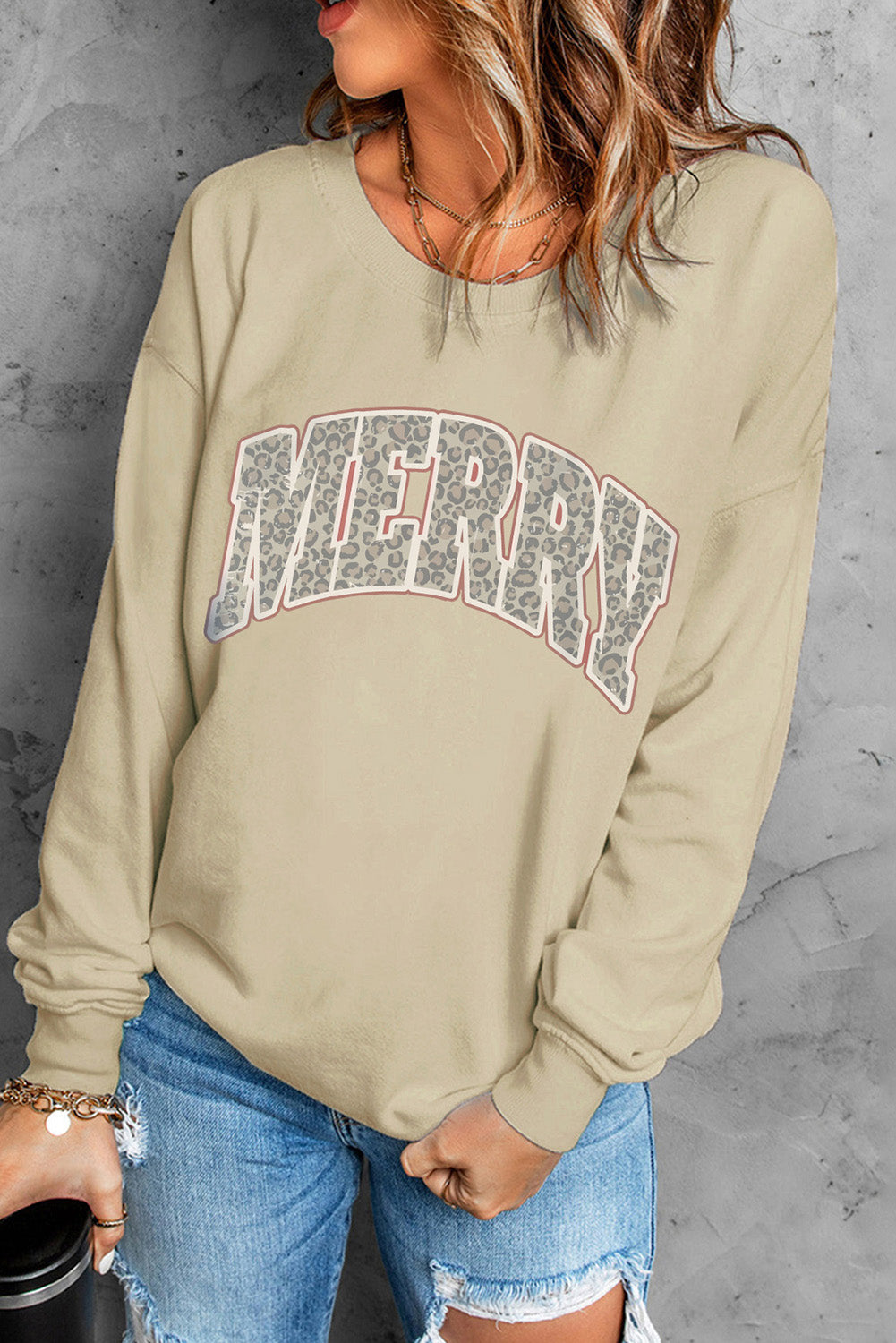 Khaki Merry Christmas Leopard Letter Print Graphic Sweatshirt