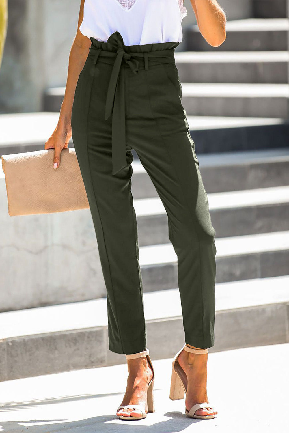 Casual Paperbag Waist Belted Straight Leg Pants