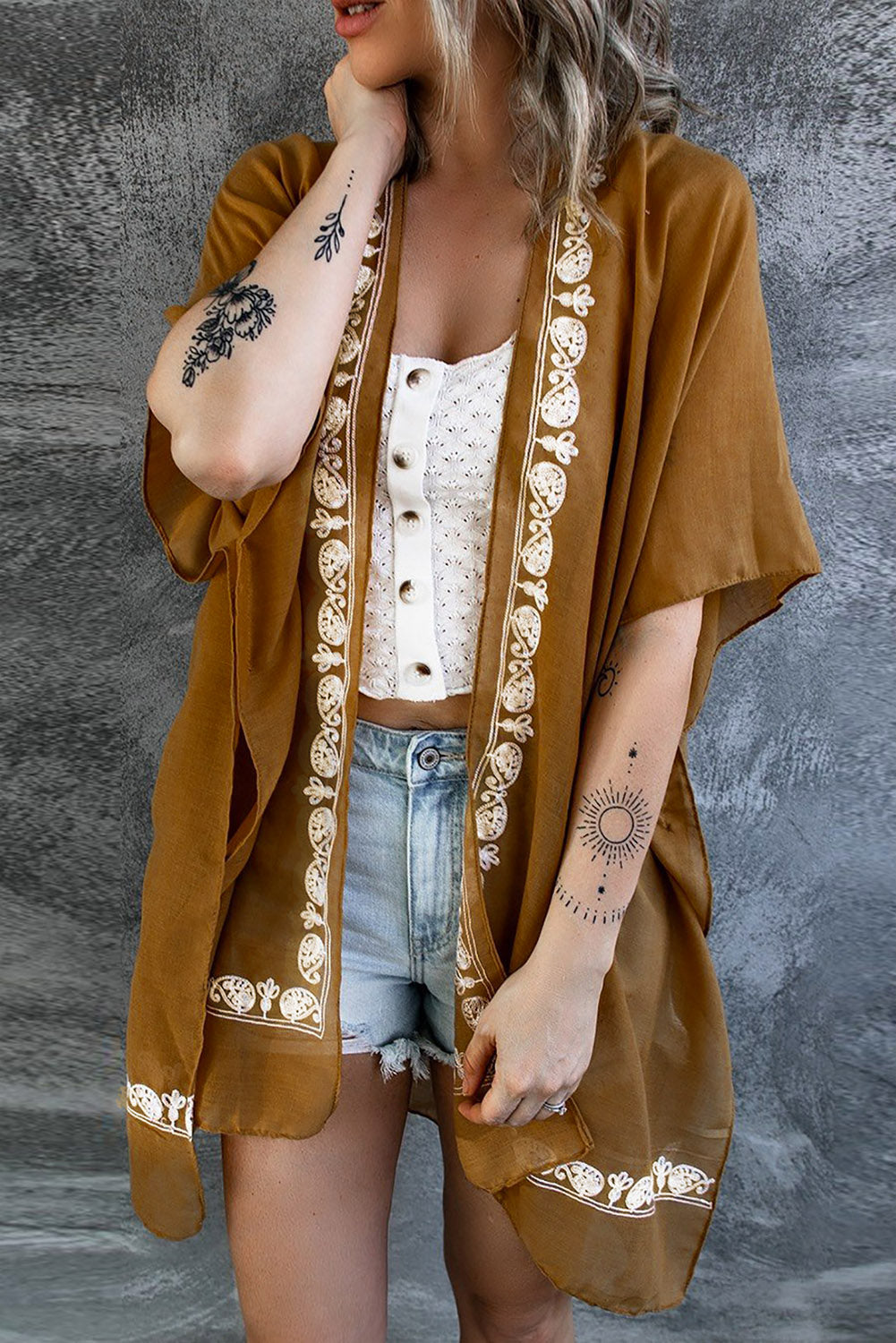 Bohemian Floral Pattern Embroidery Kimono Cover Up